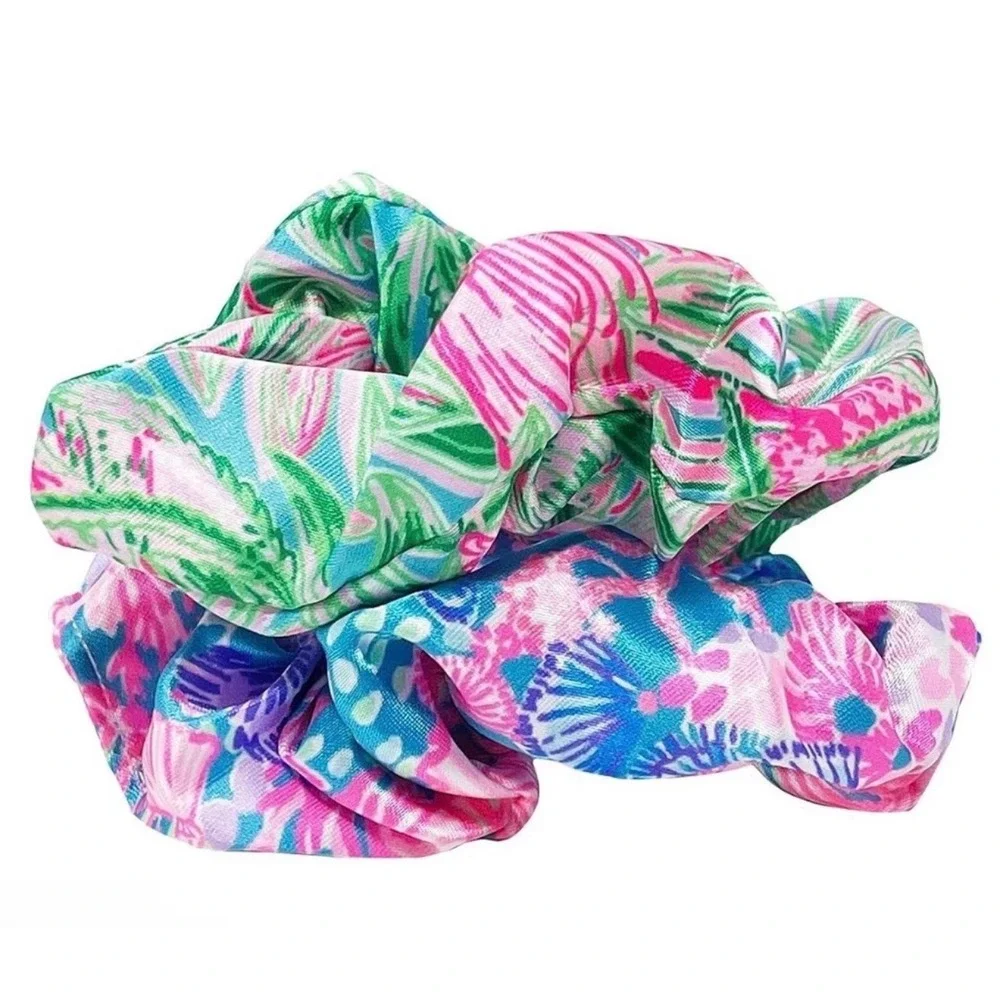 Lilly Pulitzer Silky Scrunchie Set of 2 Multicolored Pink Floral Hair Ties New